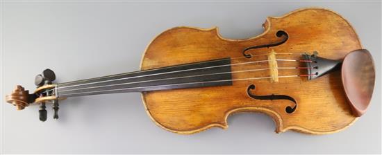 A school of Panormo violin, labelled Vicenzo Panormo, Londra 1793 in ink, length of back 35.2cm, minor restorations